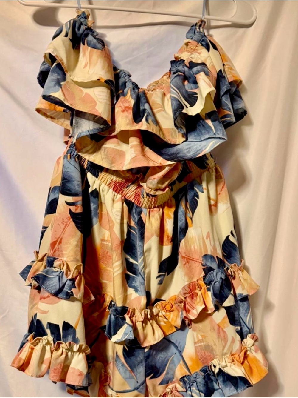 Ruffled Floral Print Romper - Blue, Peach & Cream